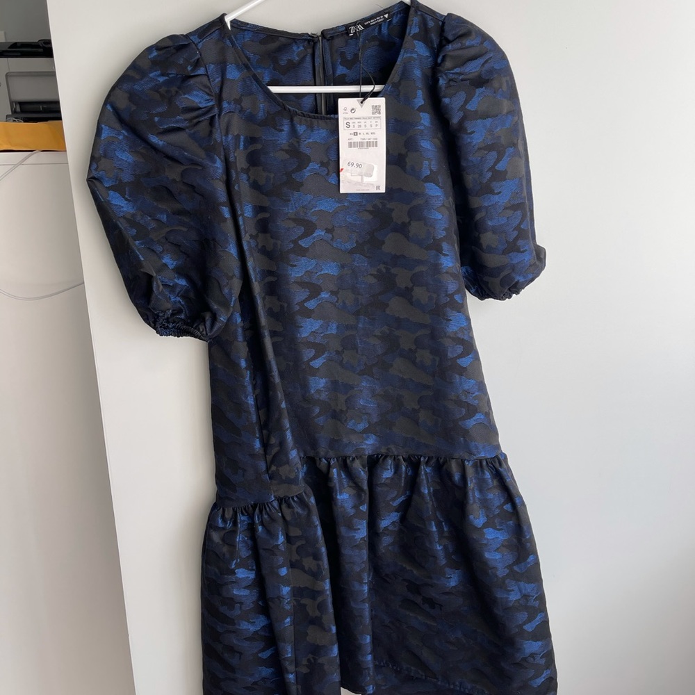 ZARA voluminous jacquard blue camo dress - Picture 4 of 5